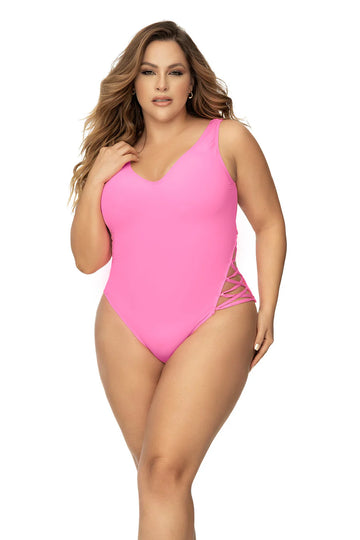 One piece swimsuit with lace up detail