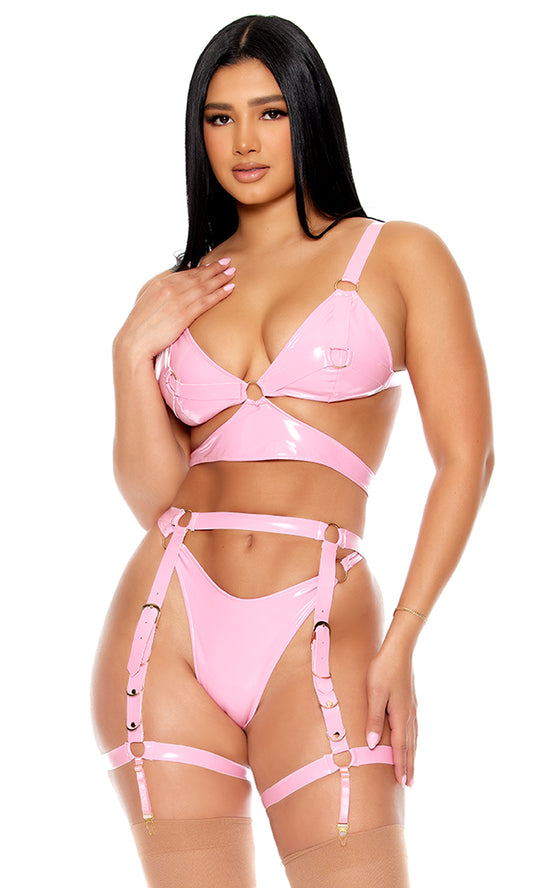 Shine Vinyl Longline Bra Lingerie Set - Pink