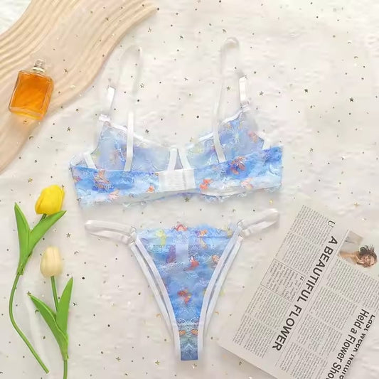 ✨ Blue Floral Lace Lingerie Set
