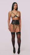 Show Stopper Metallic Mesh Bra and Waist Cincher Lingerie Set - Black Gold