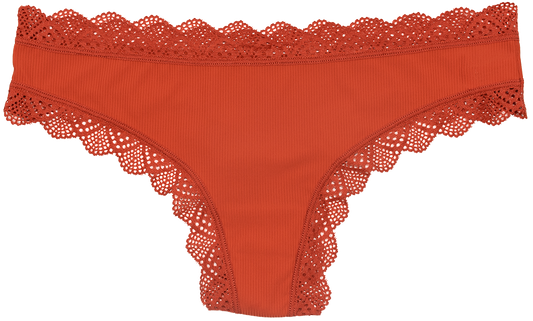Red Rib Microfiber Thong with Lace Trim